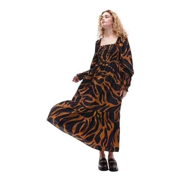 Topshop Dresses & Skirts - TOPSHOP Shirred Long Sleeve Maxi Dress In Black Brown Multi